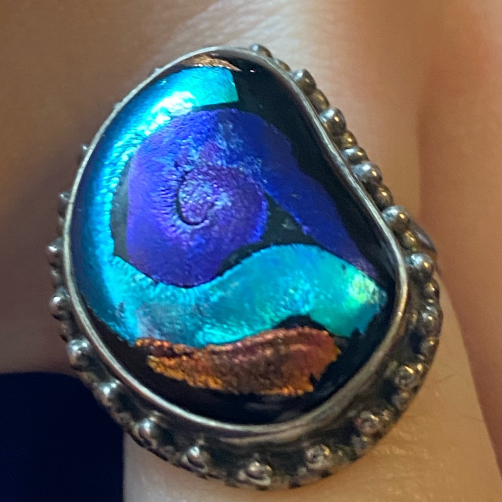 Swirly Dichroic Glass Peacock Feather Sterling Silver Ring/ 6 3/4